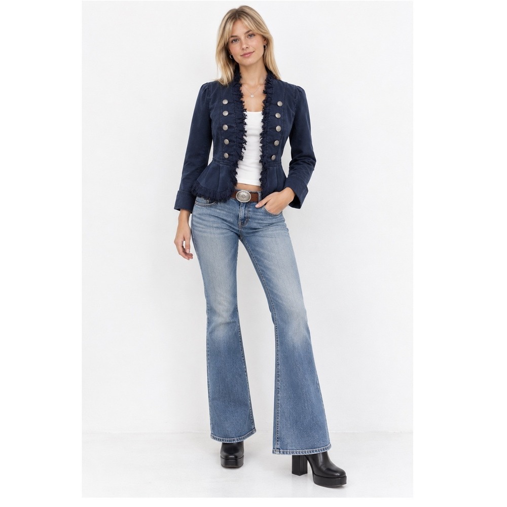 Ann Taylor LOFT Military Jacket Size 0 Navy Blue Fringed Peplum Blazer